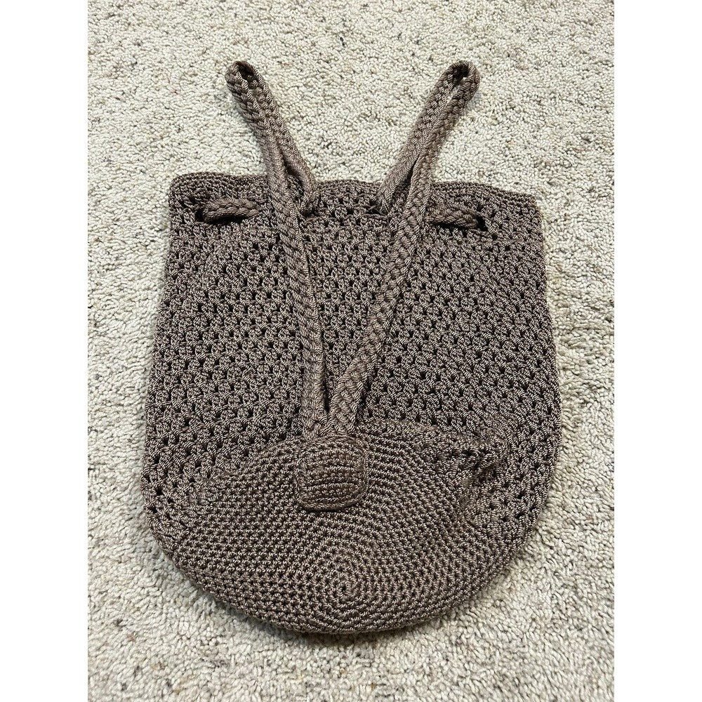 THE SAK Crochet Drawstring Bucket Backpack Slingback BOHO Bag Purse BRONZE F23